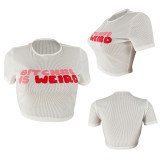 Letter Print O Neck Short Sleeve Slim Crop Top CH-8230