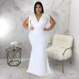 Plus Size Solid Tassel V Neck Maxi Evening Dress NNWF-7628