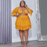 Plus Size Dot Print Ruffled Crop Top Mini Skirt 2 Piece Sets NNWF-7637