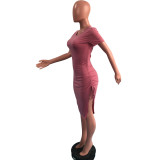 Solid Short Sleeve Drawstring Split Bodycon Dress OMY-81051
