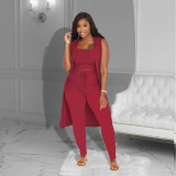 Solid Ribbed Tank Top+Sleeveless Long Cloak+Pants 3 Piece Sets ZDF-31227