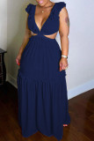 Solid Ruffled V Neck Sleeveless Hollow Maxi Dress BN-93351