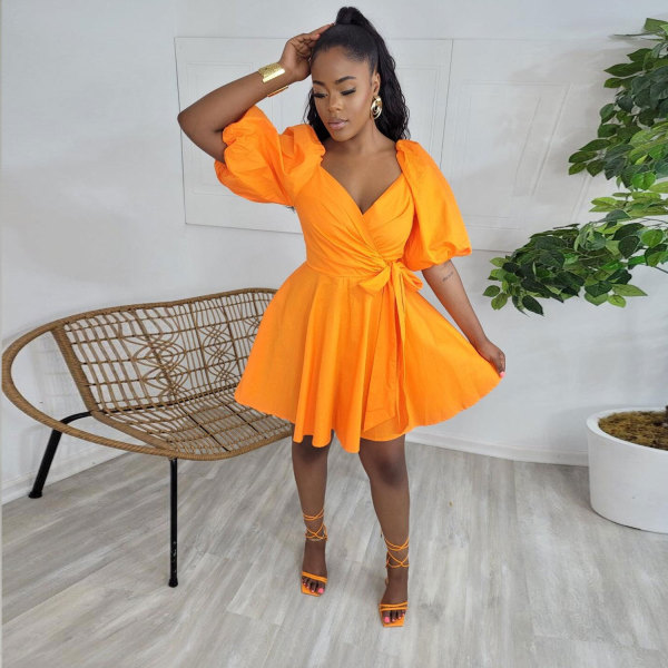 Sexy Solid V Neck Puff Sleeve Mini Dress NY-10208