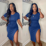 Solid Short Sleeve Drawstring Split Bodycon Dress OMY-81051