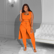 Solid Ribbed Tank Top+Sleeveless Long Cloak+Pants 3 Piece Sets ZDF-31227