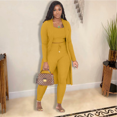 Plus Size Solid Ribbed Cami Top+Pants+Long  Cloak 3 Piece Sets JRF-3704