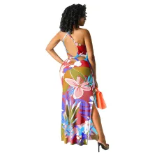 Sexy Printed Backless Cross Strap Split Maxi Dress HNIF-025