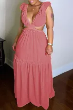 Solid Ruffled V Neck Sleeveless Hollow Maxi Dress BN-93351