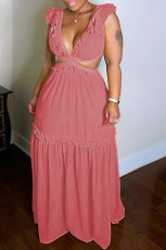Solid Ruffled V Neck Sleeveless Hollow Maxi Dress BN-93351