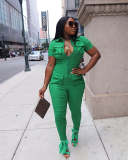 Plus Size Solid Short Sleeve Pocket Jumpsuit ZDF-31226