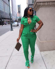 Plus Size Solid Short Sleeve Pocket Jumpsuit ZDF-31226