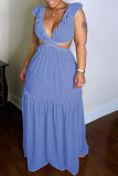 Solid Ruffled V Neck Sleeveless Hollow Maxi Dress BN-93351