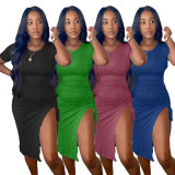 Solid Short Sleeve Drawstring Split Bodycon Dress OMY-81051