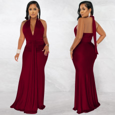 Sexy Solid V Neck Halter Maxi Evening Dress BY-5953
