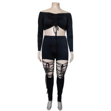Plus Size Long Sleeve Ruched Top+Lace-Up Pants 2 Piece Sets ONY-7030