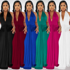 Sexy Solid V Neck Halter Maxi Evening Dress BY-5953