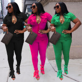 Plus Size Solid Short Sleeve Pocket Jumpsuit ZDF-31226