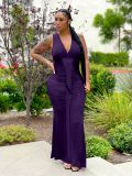 Solid V Neck Sleeveless Maxi Evening Dress OMY-81050