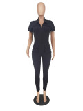 Plus Size Solid Short Sleeve Pocket Jumpsuit ZDF-31226