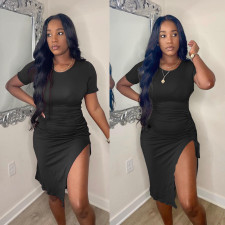 Solid Short Sleeve Drawstring Split Bodycon Dress OMY-81051