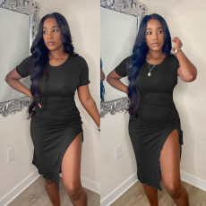 Solid Short Sleeve Drawstring Split Bodycon Dress OMY-81051