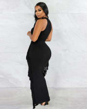 Solid Sleeveless  Tassel Maxi Skirt Slim 2 Piece Sets BDF-7015