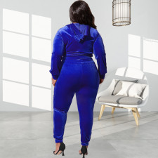 Plus Size Velvet Hooded Zipper Two Piece Pants Sets OSIF-22472