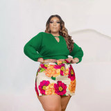 Plus Size Long Sleeve Top+Plaid Mini Skirt Two Piece Sets PHF-13296
