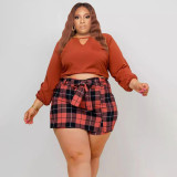 Plus Size Long Sleeve Top+Plaid Mini Skirt Two Piece Sets PHF-13296
