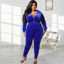 Plus Size Velvet Hooded Zipper Two Piece Pants Sets OSIF-22472