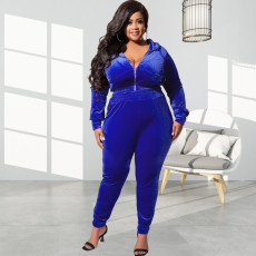 Plus Size Velvet Hooded Zipper Two Piece Pants Sets OSIF-22472