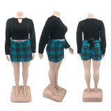 Plus Size Long Sleeve Top+Plaid Mini Skirt Two Piece Sets PHF-13296