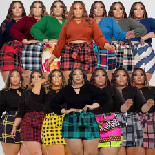 Plus Size Long Sleeve Top+Plaid Mini Skirt Two Piece Sets PHF-13296