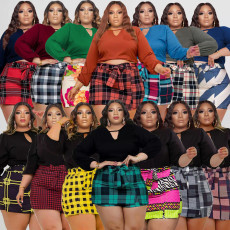 Plus Size Long Sleeve Top+Plaid Mini Skirt Two Piece Sets PHF-13296