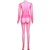 Sexy Mesh Sheer Print Long Sleeve Two Piece Pants Sets XEF-K22S17438