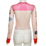 Fashion Printed Mesh Splice Long Sleeve Top XEF-K22L17147