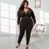 Plus Size Velvet Hooded Zipper Two Piece Pants Sets OSIF-22472