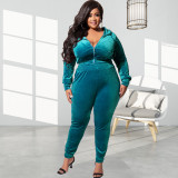 Plus Size Velvet Hooded Zipper Two Piece Pants Sets OSIF-22472