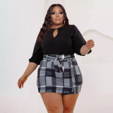 Plus Size Long Sleeve Top+Plaid Mini Skirt Two Piece Sets PHF-13296