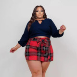 Plus Size Long Sleeve Top+Plaid Mini Skirt Two Piece Sets PHF-13296