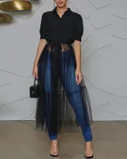 Mesh Patchwork Short Sleeve Long Dress BDF-7013