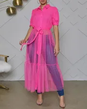 Mesh Patchwork Short Sleeve Long Dress BDF-7013