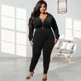 Plus Size Velvet Hooded Zipper Two Piece Pants Sets OSIF-22472