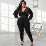 Plus Size Velvet Hooded Zipper Two Piece Pants Sets OSIF-22472