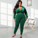 Plus Size Velvet Hooded Zipper Two Piece Pants Sets OSIF-22472