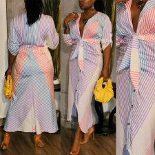 Plus Size Striped Long Sleeve Maxi Dress ZDF-31228
