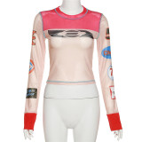 Fashion Printed Mesh Splice Long Sleeve Top XEF-K22L17147
