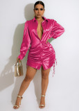 Solid Long Sleeve Drawstring Shirt Dress ME-8182