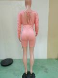 Solid V Neck Backless Ruched Sleeve Tight Romper BN-B835
