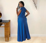 Plus Size Printed Tassel Short Sleeve Brooch Maxi Dress OM-1372